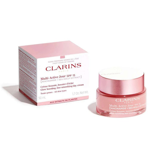 Clarins Multi Active Day Cream All Skin types SPF 15 NEW Formula Озаряващ изглаждащ бръчките крем за лице за всеки тип кожа