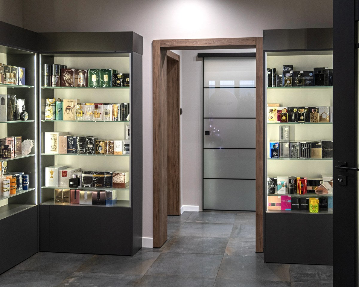 Perfume shelves inside the Parfium.bg showroom