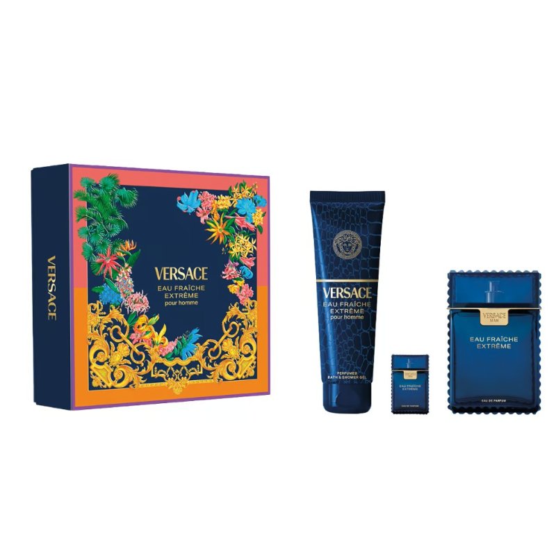 Versace Man Eau Fraiche Extreme Подаръчен комплект за мъже, Размер EDP 100 ml + EDP 5 ml + 150 ml душ гел