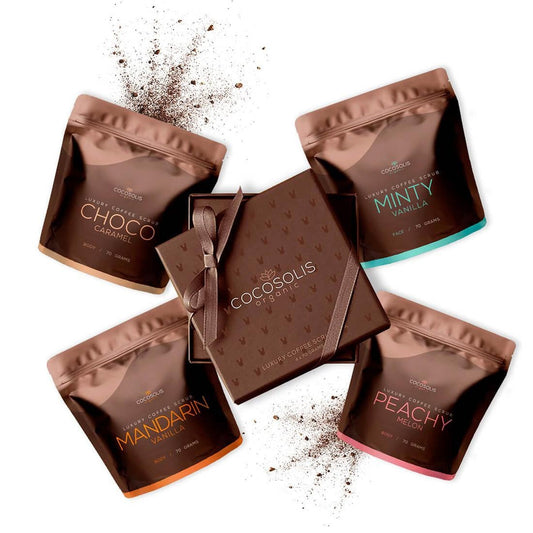 Cocosolis Luxury Coffee Scrub Box Луксозна кутия с 4 натурални био скраба – 3 за тяло и 1 за лице